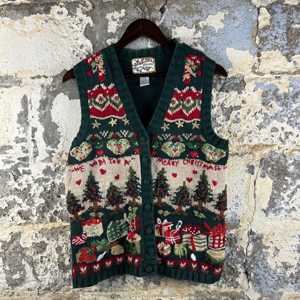 Heirloom Collectibles Christmas Vest Holiday Trees Presents Button Up Knit Large